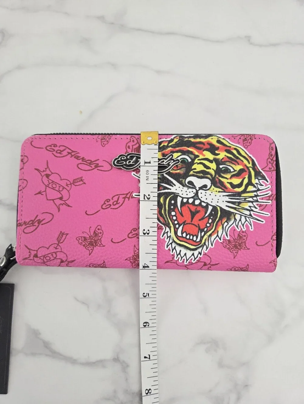 Ed Hardy Tiger Tattoo Pink Vegan Leather Zip Around Wristlet Wallet NWT